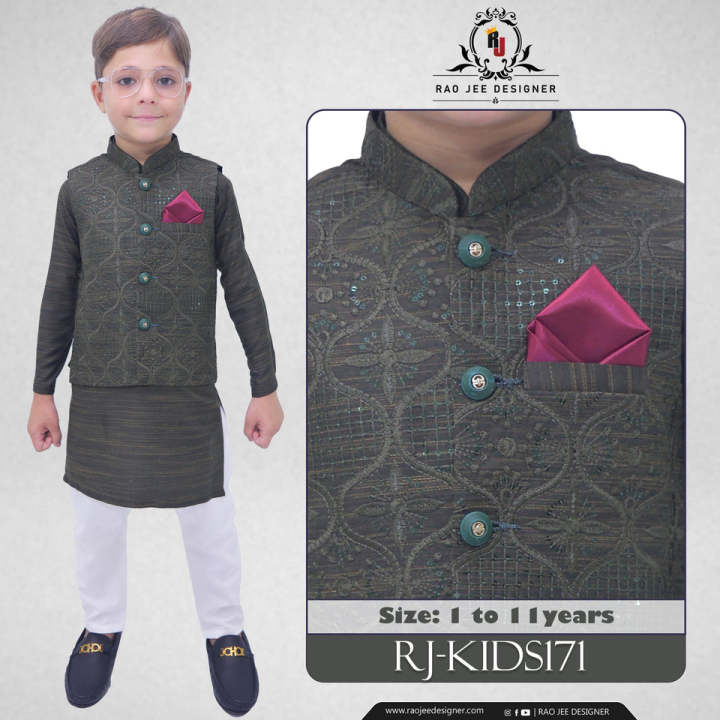 Boys Green Kurta Pajama with Sequence Embroidery Waistcoat RJ-KIDS171