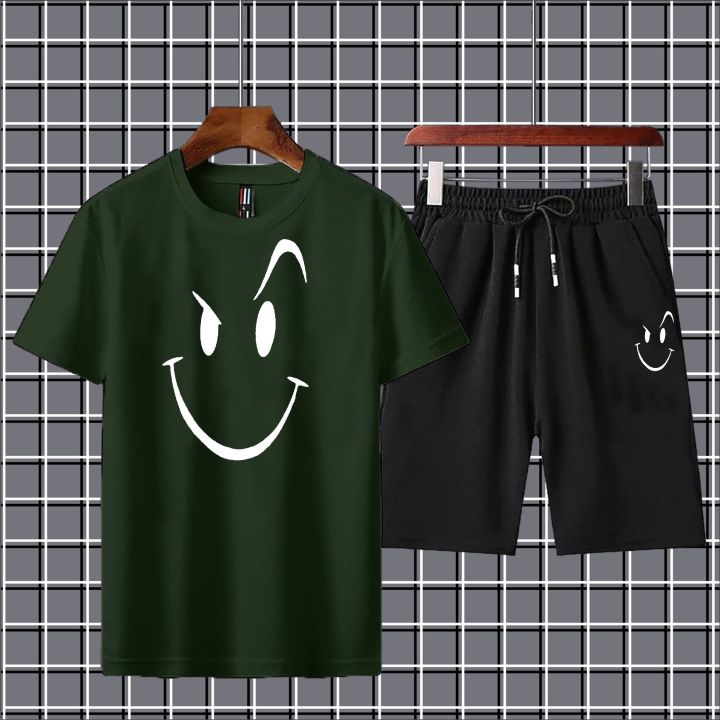 Tracksuit_new smile printed 2pc short + tshirt tracksuit for men
