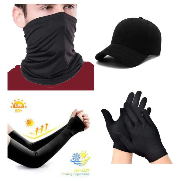 summer neck cover, Black Cap Arm Sleeves With Cotton Gloves for men, Face Mask Bandana Neck Headbands, Motorcycle Balaclava Face Cover Scarf for Dust Wind Sun Protection Black