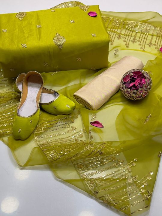 4-Piece Organza Suit with Stunning Sequence Work and Free Khussa