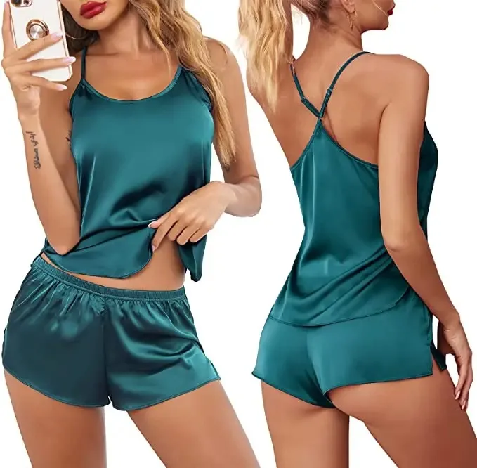 Womens%20Sexy%20Lingerie%20Satin%20Pajamas%20Shorts%20Set%20Nightwear%20Pajamas%20Set%20-%20Image%203