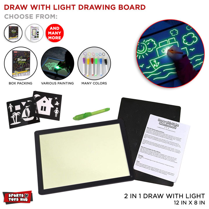 2 in 1 Magic Light Up Painting Drawing Board For Kids Portable Handwriting Toys For Boys & Girls Draw Sketch Art Educational Learning Drawing Slate For Kid Tracing Pad With Stickers & LED Pen Effect Glow In The Dark Art Doodle Color Fluorescent Sketchpad
