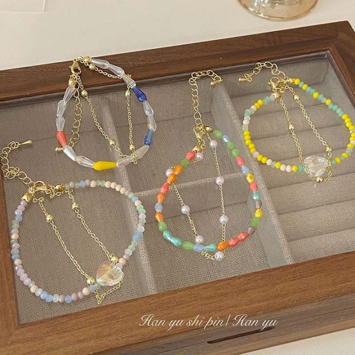 New Color Dopamine Crystal String Beads Double Layer Twin Bracelet Sweet Girly Pearl Geometric Bracelet All-Match