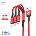 OKS 3 in 1 Multi Charging Cable - 100% Pure Copper Fast Data Charging Cable For Android, Iphone, Ipad, Tablet etc - USB 2.0 Cable Lightning And Type C / IOS / MicroUSB Cable - Blue, Red, Silver, Black. 