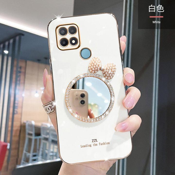 For OPPO A15 Back Cover Bowknot Makeup Mirror Luxury 6D Plating
