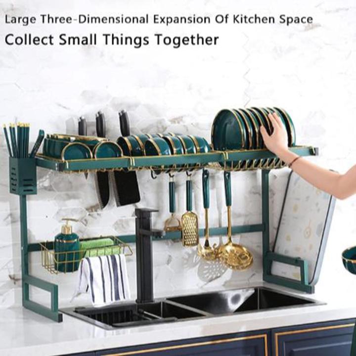 Kitchen Over Sink Dish Drying Utensil Rack for Kitchen Organizer Bartan Stand Dish Drainer Kitchen Rack (65cm/85cm) Green - Golden