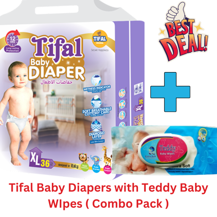 Tifal Baby Diapers with Teddy Baby Wipes | Tifal Baby Diapers XL Size (XLarge) 36 Pcs Economy Pack with Teddy Baby Wipes | Ideal for Babies Weighing 14 KGs and Up | Premium Diapers and Wipes Combo for Maximum Comfort