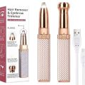 Two-in-one, square-shaped, rechargeable hair trimmer for eyebrows and lips that comes with a box and a discount based on quantity.. 
