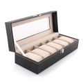 6 Slot Wrist Watches Storage Box - Black Leather Watch Display Box. 