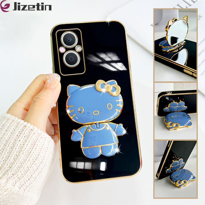 Jizetin for OPPO Reno7 Z 5G / F21 Pro 5G / Reno8 Z 5G Back Cover + Mirror + Hello Kitty Bracket 360 Rotation Luxury Plating Fashion Holder Phone Cases