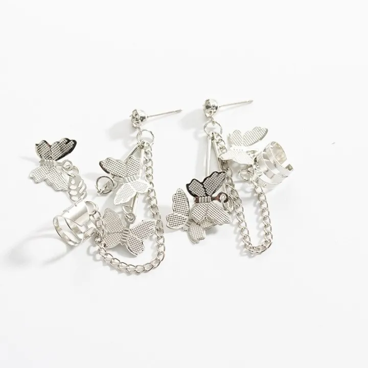 Pair%20Of%20Ear%20Cuff%20Butterfly%20Long%208%20cm%20Chain%20Pin%20Tassel%20Silver%20Color%20Earrings%20For%20Girls%20&%20Women%20-%20Image%203