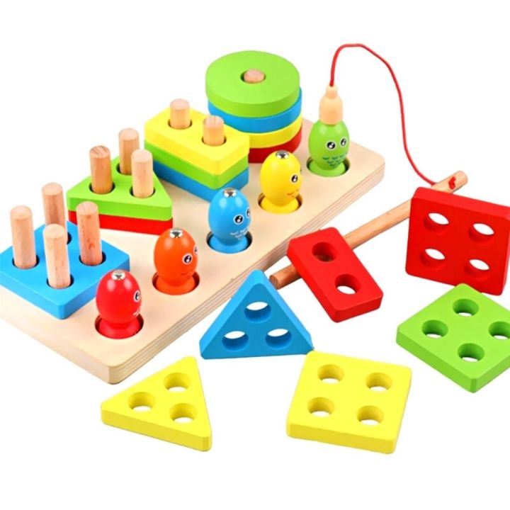 Fishing Four-Post Wooden Toy - 4 Column Tower Blocks Educational & Learning Toys-  Color Sorting - Magnetic Fishing Game- Multicolor-  Vibrant Color Construction 4 post Fishing Toy