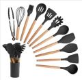 12Pcs Food Grade Safety Silicone Utensils with Wooden Handles, Heat Resistant Kitchen Tools Set, Used with Non-Stick Cookware. 