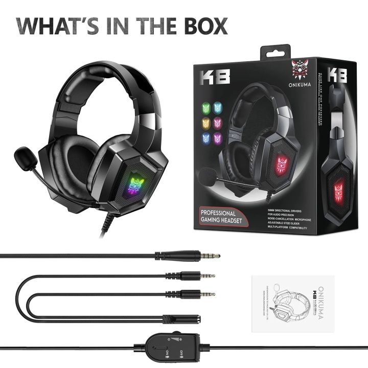 ONIKUMA K8 Gaming Headphones with Flexible HD Mic RGB Light Surround Sound Over-Ear Wired Headset Gamer - K8 Gaming Headphones