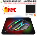 RGB Gaming Mouse With Mousepad - 7 Light Breathing Colours In Mouse & Red Medium Size Mouse Pad All Sides Stitched - USB Wired Gaming Mouse For PC & Laptop - No Side Button - Black. 