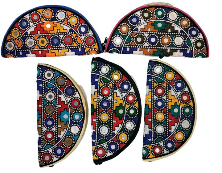 Traditional Half Moon Shaped Clutch Purse Size 9x5 Inches Hand Made Embroided Mirror Work Pakistani Sindhi Handicraft for Females