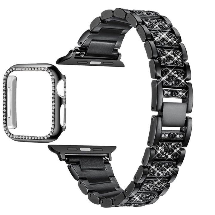 2 in 1 Bling Watch Strap + Case for Apple Watch Band Jam Tangan Tali Jam Series 6 5 4 3 2 1 SE Women Lady Diamond Band Strap for IWatch 6 44MM 40MM 42MM 38MM Stainless Steel Bracelet