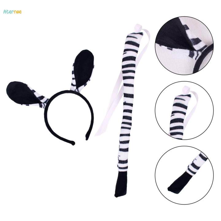 Zebra Ears and Long Tail Set Costume Accessories Kids Animal Headband for Halloween Themed Party