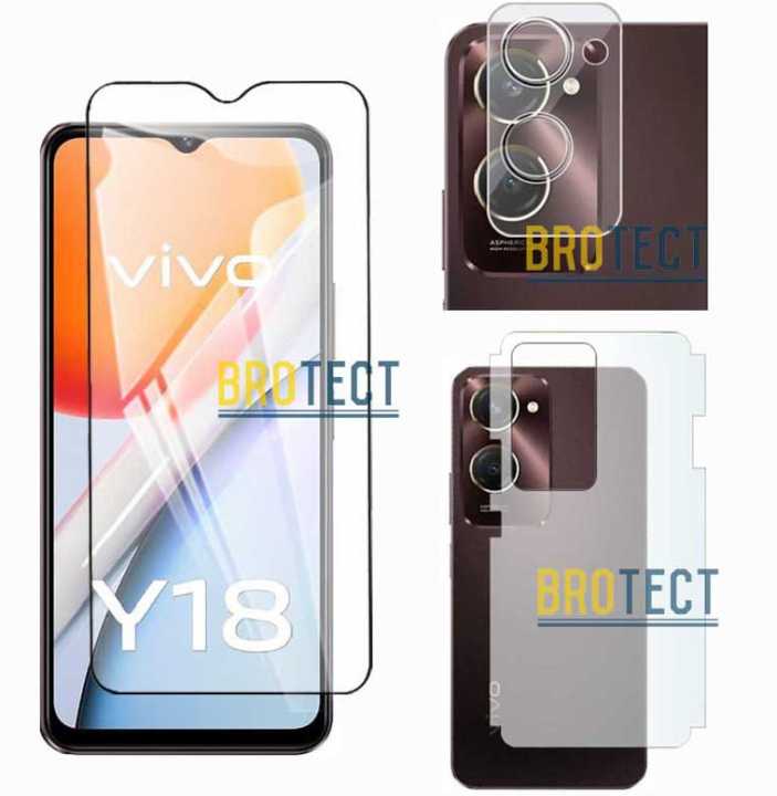 Pack of 3 Vivo Y18 Tempered Glass + Back Matte Protector + Camera Lens Protector 9H Flexible Soft Nano Film & Vinyl Lamination wrap skin paper sheet & Screen Glass Protector For Y18 4G - Transparent