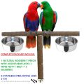 Zymal Store Natural wooden T shape perch with 2 attached stain less steel bowls,  Parrot T perch Stand, Bird Cage Accessories and wooden Platform for Grinding Chew. Toys for Cockatiel,Finches,grey macaw sun conure love bird. 