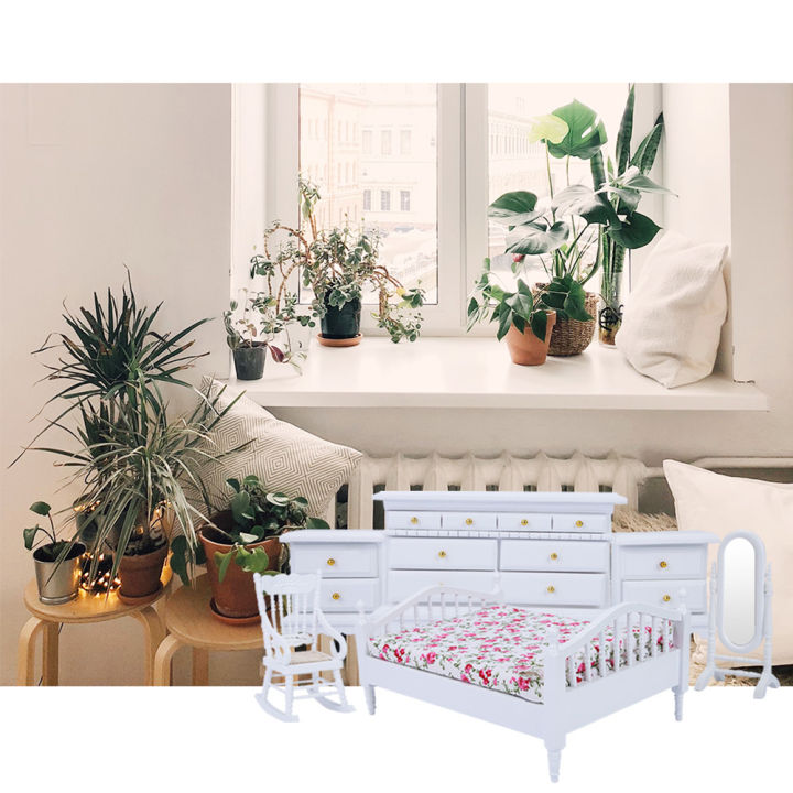 1:12%206pcs%20Mini%20Wooden%20White%20Bedroom%20niture%20Set%20for%20Dollhouse%20-%20Image%203