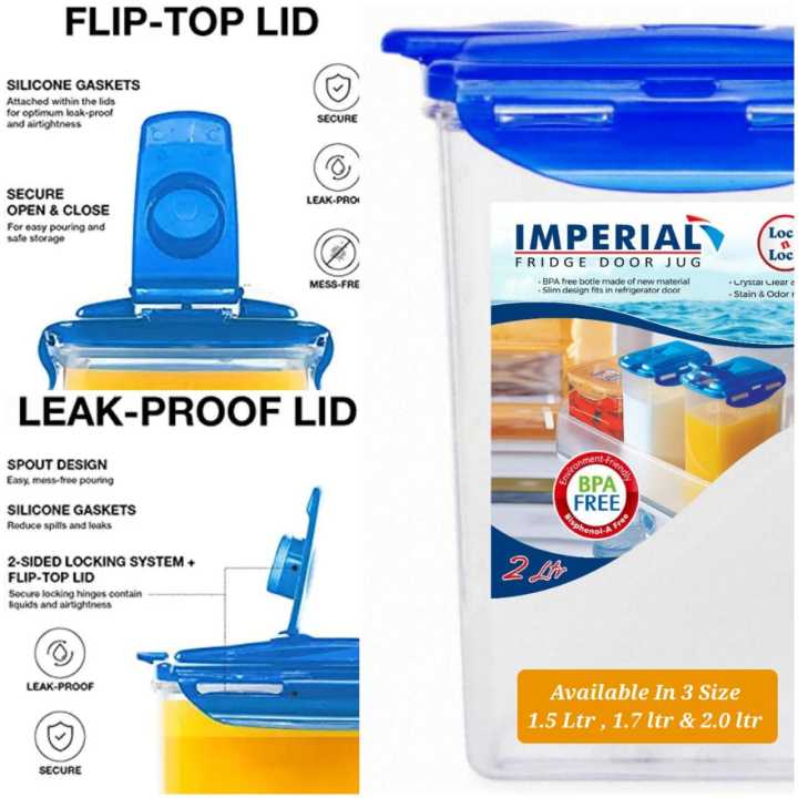 Imperial Aqua Fridge Door Water Jug with Handle BPA Free Plastic Pitcher with Flip Top Lid Perfect for Making Teas and Juices, 1.5Ltr , 1.7Ltr , 2Ltr  Blue