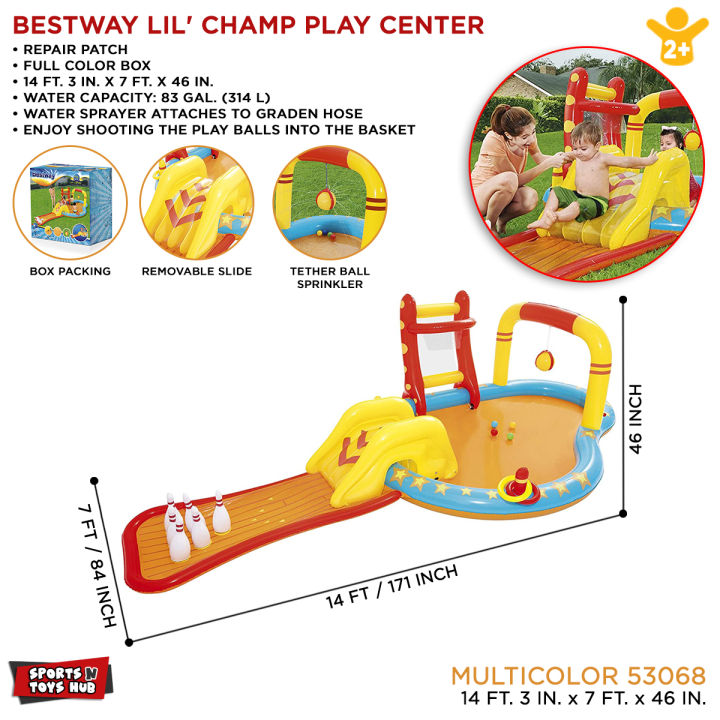 Bestway 53068 Lil' Champ Play Center Inflate Champ Paddling Pool Inflatable Kids Bowling With Slide Sprayer Basketball Comfort Children Multiple Activities 4.35m X 2.13m X 1.17m