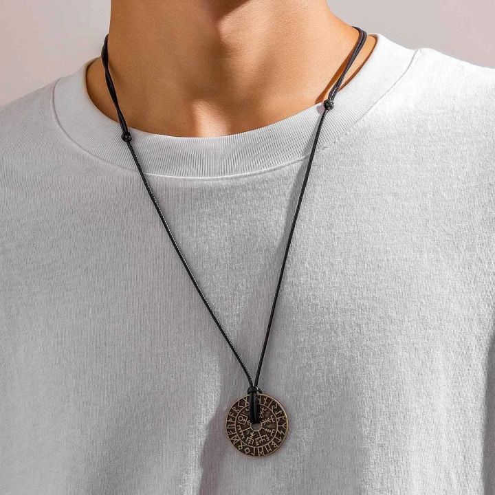 Vintage Long Rope Chains with Round Rune Pendant Necklace for Men