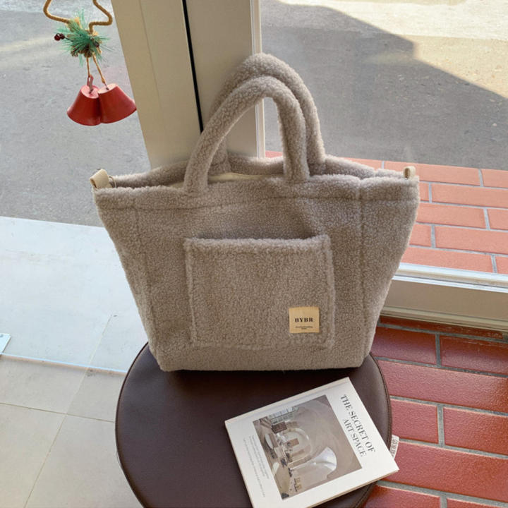 Casual Lamb wool shoulder bag Faux  Solid color Autumn Large capacity shopping bag Portable  Warm Soft fluffy faux  tote bag for Ins fashion Winter fashion Shopping Travel Daily use