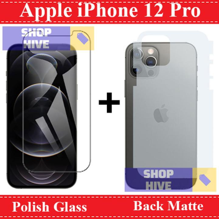 Apple iPhone 12 Pro Glass Protector Clear 2.5D Polish Glass + Matte Back Protector Carbon Soft Skin Sheet For Apple iPhone 12 Pro