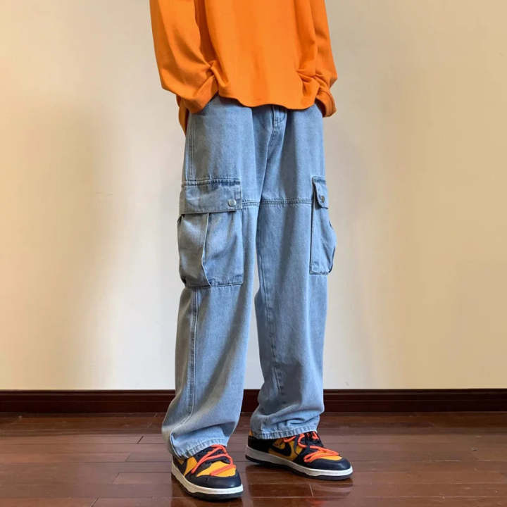 Unisex Wide Leg Denim Cargo Jeans For Girls and Boys - Wide Leg Baggy Leg Flap Pocket Cargo Sky Blue - Wide Leg Denim Baggy Cargo Jeans For Man And Women