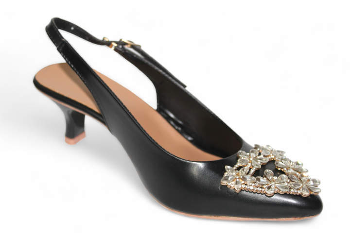 Elegant Black Heels with Silver Buckle, Low Heel Sandals, Wedding