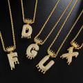 Dz A-Z Initial Bubble Letter Name Crown Drip Letters Necklaces Pendant For Men Women Gold Color Cubic Zircon Hip Hop. 