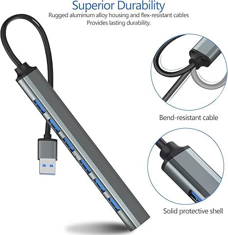 USB HUB 3.0, Aluminum Alloy 7 Ports Data hub 3.0 High-Speed USB Port Expander - Extra USB Hub for PC, iMac, MacBook, Windows, USB Flash Drives, Mobile HDD, Desktop Computer