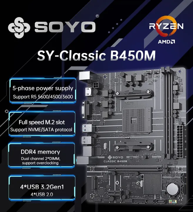 SOYO%20Motherboard%20Classic%20AMD%20B450M%20Dual-channel%20DDR4%20Memory%20AM4%20Mainboard%20M.2%20NVME%20(Supports%20Ryzen%205500%205600%205600G%20CPU)%20-%20Image%202