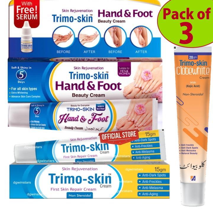 Pack of 3 Trimoskin Cream With Hand & Feet Whitening Cream With ClobeWhite ━━ 𝙏𝙧𝙞𝙢𝙤𝙨𝙠𝙞𝙣 ━━ for Skin Whitening Moisturizer Best Freckles / Spots Removal