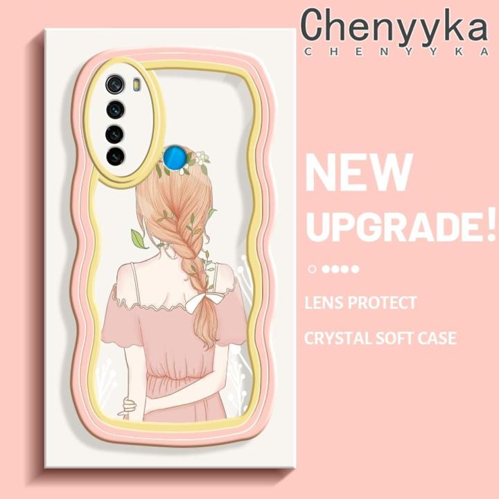 chenyyka For Xiaomi Redmi Note 8 Note 8T Case Cartoon Cute Girl back Lovely Cream Wave Border Soft Clear Shockproof Phone Cases Creative Camera Transparent Casing Simple Silicone Protective Cover