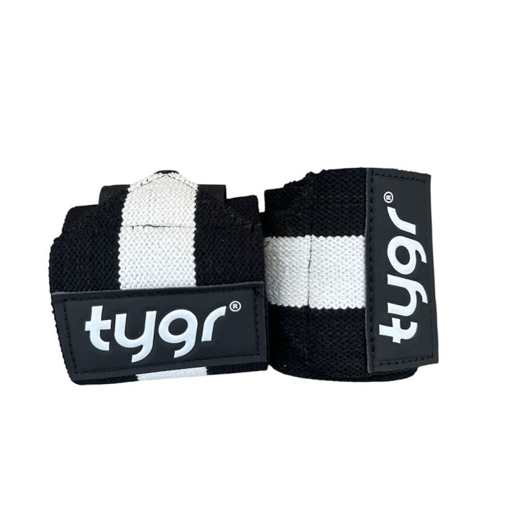 BLACK AND WHITE ELASTIC WRIST WRAPS WITH STRONG VELCRO CLOSURE AND THUMB LOOP FOR GYM WEIGHTLIFTING CROSSFIT POWERLIFTING SUPPORT TYGR WRIST WRAPSFOR SALE