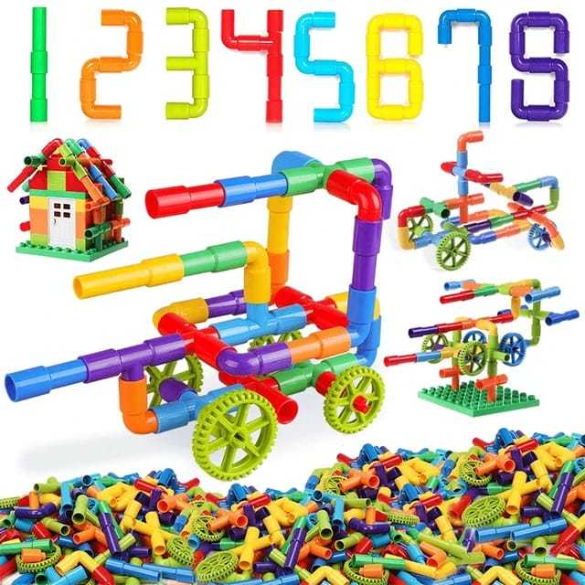 Interlocking Plastic Tubes Water Pipes with Wheels Building Blocks.