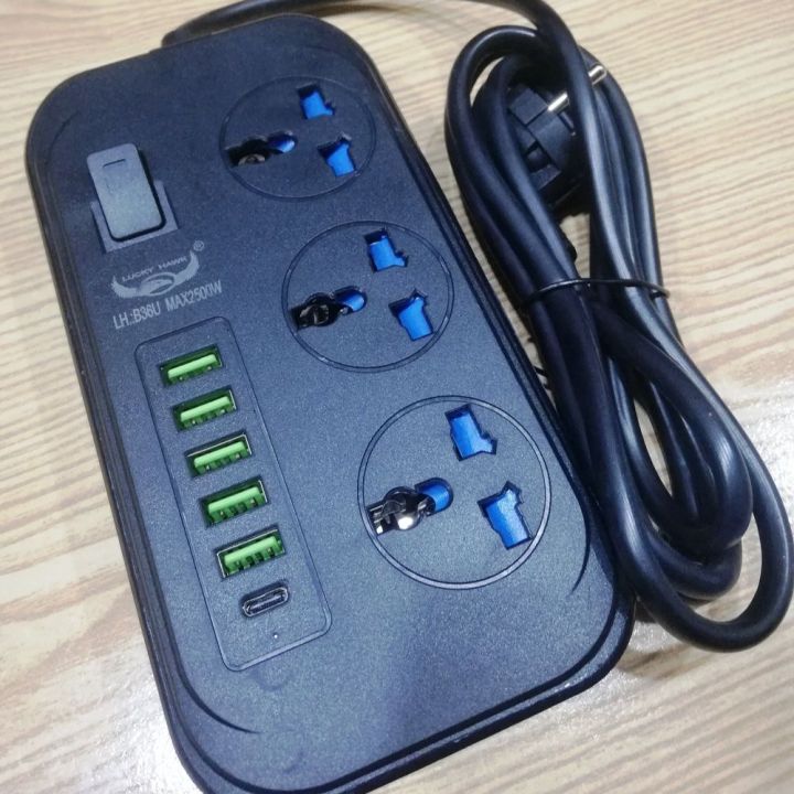 Smart Universal Extension Board 3 Power Socket + 5 Usb & 1Mobile Plug For Mobile Charging Ports With 1.8 Meter Heavy Duty Copper Wire Black