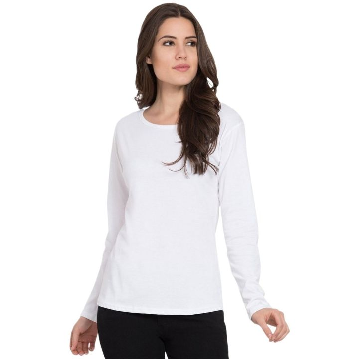 White Plain Full Sleeve T-shirt Premium Quality Export Quality  For Women O-Neck