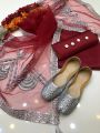 Decent Collection Net Gotta  Work Dupatta Along Qataan Silk Shirt & Trouser 3 Piece Dress  With Free Shoes. 