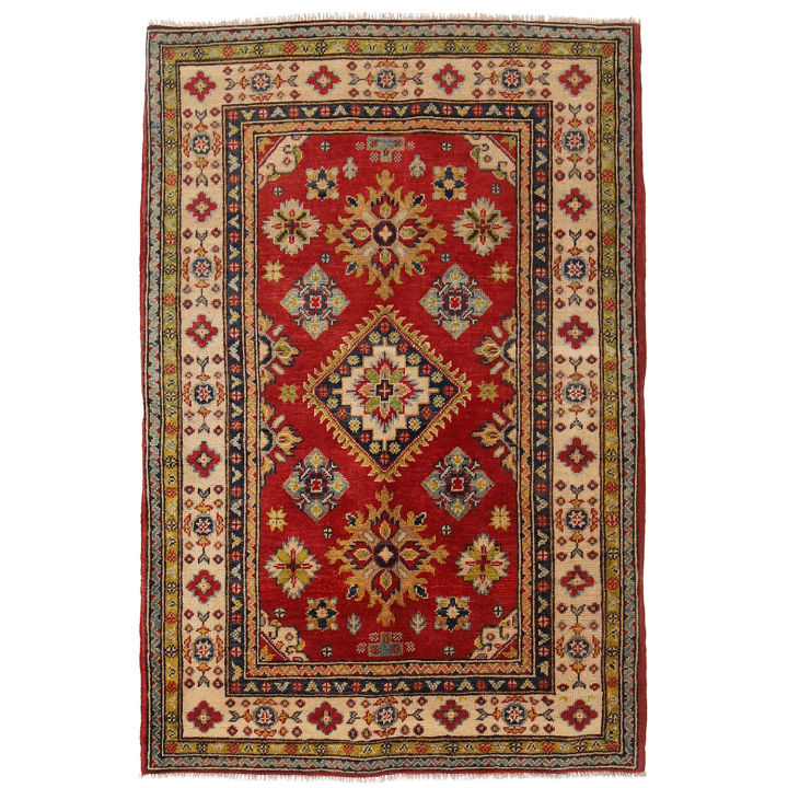Hand Knotted Oriental Traditional #Bedroom Area Qaleen Carpet, (150x102)cm Kazak Kaleen Office/Study Area Red/Beige Handmade Rug |3'3x4'9ft| - Y15739