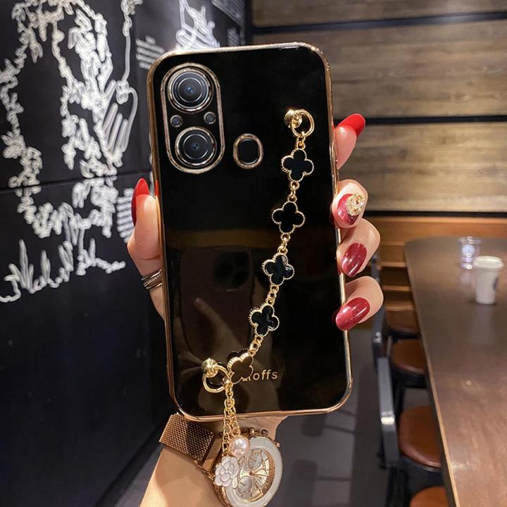For Itel A49 / Itel A58 Back Cover with Bracelet Wristband Luxury Clover Chain 6D Plating Frame Shiny Girls Cases Soft Silicone Square Protective Mobile Phone Case