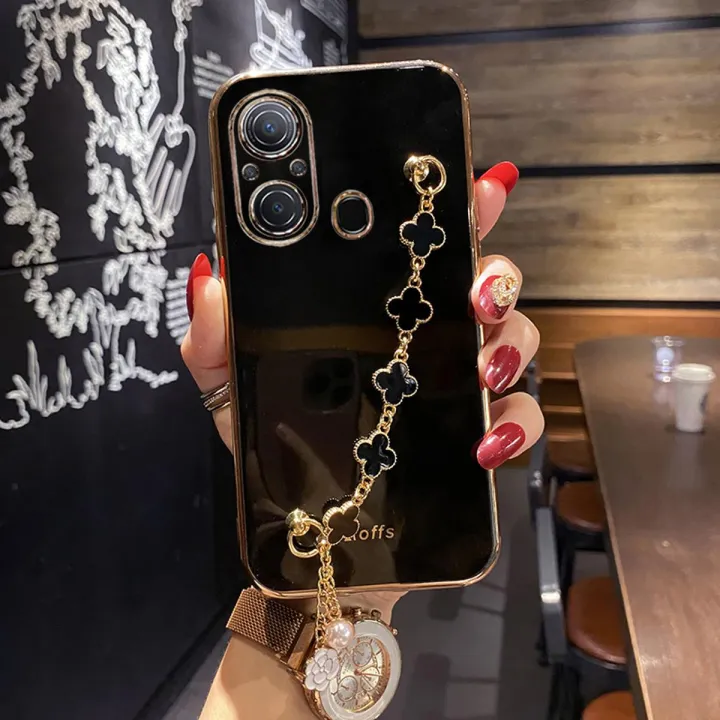 For Itel A49 / Itel A58 Back Cover with Bracelet Wristband Luxury Clover Chain 6D Plating Frame Shiny Girls Cases Soft Silicone Square Protective Mobile Phone Case