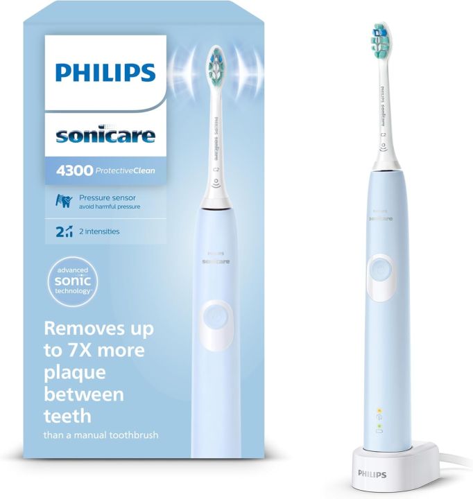 Philips Sonicare ProtectiveClean 4300, Sonic Electric Toothbrush with Two Intensity Levels, Pressure Sensor and Timer, Light Blue, HX6803/04