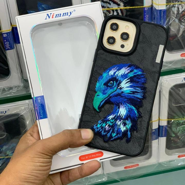 Nimmy 3D Embroidery Leather Case Dazzling Lion, Green Panther, Tiger, Eagle, Wolf, 360° Protection Creative Leather Phone Case for iPhone 14 Pro Max