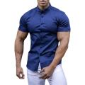 Canis-Men Casual Shirt, Solid Color Short Sleeve Lapel Neck Slim Fit Button-Down Leisure Tops. 