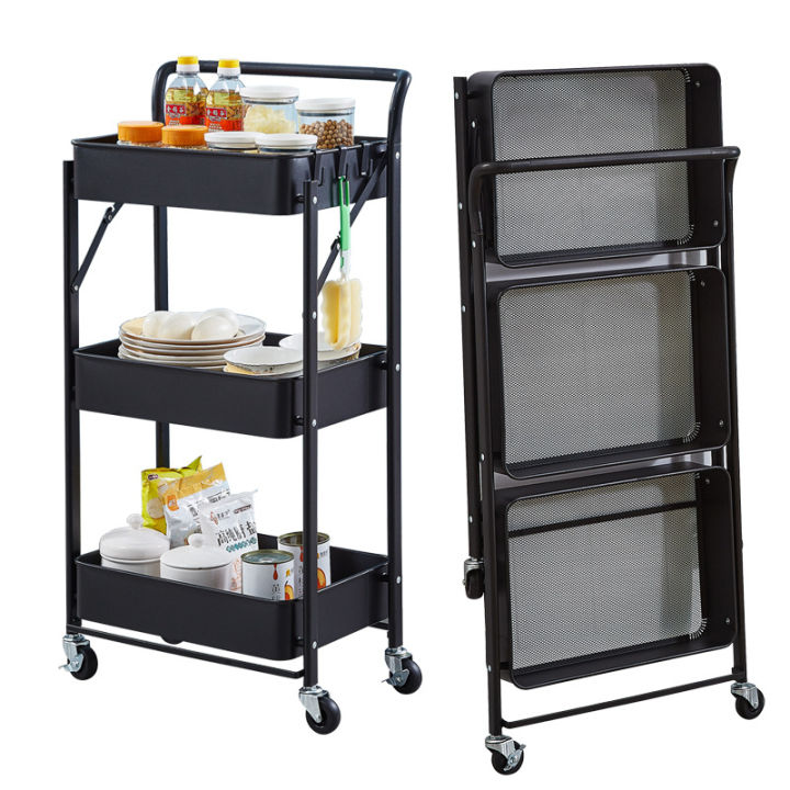 Multi Purpose 3 Layers Storage Trolley with Wheels - Metal Rolling Organizer Cart Foldable Trolley Rack for Kitchen And Multipul Use Foldable Utility Shelf Rack - Rolling Storage Cart with Lockable Casters Trolley.