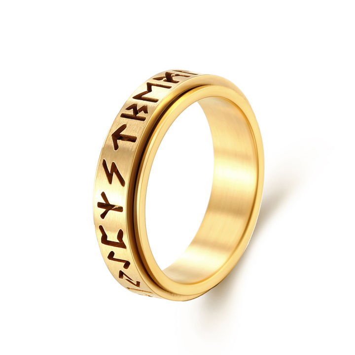 5.8mm Stainless Steel Ring Gold Black Ancient Silver Hollow Out Lun Rune Viking Text Rotatable Stainless Steel Ring finger rings